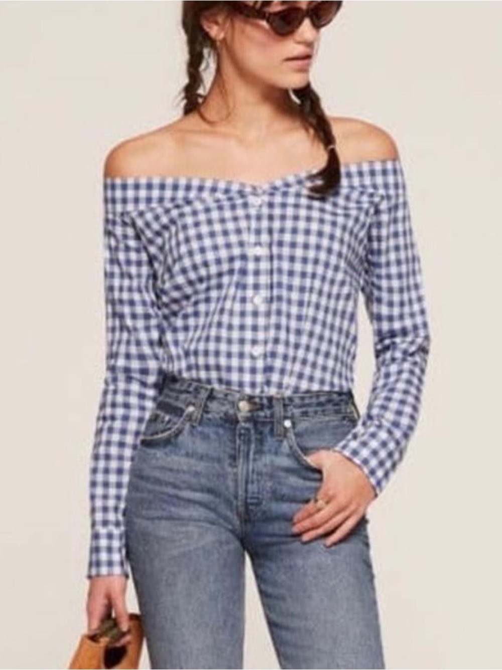 Reformation Blue and White Gingham Off-Shoulder Top